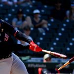 SEATTLE, WASHINGTON - MAY 16: Franmil Reyes #32 of the Cleveland Indians breaks his bat hitting into a double play to end the top of the seventh inning against the Seattle Mariners at T-Mobile Park on May 16, 2021 in Seattle, Washington. (Photo by Abbie Parr/Getty Images)