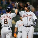 SEATTLE, WASHINGTON - MAY 17: Robbie Grossman #8 and Jonathan Schoop #7 of the Detroit Tigers celebrate a two run home run by Schoop during the second inning against the Seattle Mariners at T-Mobile Park on May 17, 2021 in Seattle, Washington. (Photo by Steph Chambers/Getty Images)