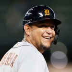 SEATTLE, WASHINGTON - MAY 17: Miguel Cabrera #24 of the Detroit Tigers smiles on first base after he was walked during the first inning against the Seattle Mariners at T-Mobile Park on May 17, 2021 in Seattle, Washington. (Photo by Steph Chambers/Getty Images)