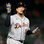 SEATTLE, WASHINGTON - MAY 17: Miguel Cabrera #24 of the Detroit Tigers gestures toward a fan as he was walked during the first inning against the Seattle Mariners at T-Mobile Park on May 17, 2021 in Seattle, Washington. (Photo by Steph Chambers/Getty Images)