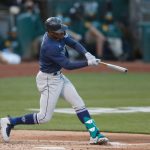 OAKLAND, CALIFORNIA - MAY 24: Kyle Lewis #1 of the Seattle Mariners hits a two-run home run in the top of the third inning against the Oakland Athletics at RingCentral Coliseum on May 24, 2021 in Oakland, California. (Photo by Lachlan Cunningham/Getty Images)