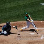 OAKLAND, CALIFORNIA - MAY 26: Matt Chapman #26 of the Oakland Athletics flies out in the bottom of the third inning against the Seattle Mariners at RingCentral Coliseum on May 26, 2021 in Oakland, California. (Photo by Lachlan Cunningham/Getty Images)