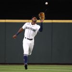SEATTLE, WASHINGTON - MAY 29: Kyle Lewis #1 of the Seattle Mariners catches a fly out by Isiah Kiner-Falefa #9 of the Texas Rangers during the sixth inning at T-Mobile Park on May 29, 2021 in Seattle, Washington. (Photo by Abbie Parr/Getty Images)