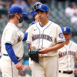 SEATTLE, WASHINGTON - MAY 30: Yusei Kikuchi #18 of the Seattle Mariners reacts while exiting the game during the seventh inning against the Texas Rangers at T-Mobile Park on May 30, 2021 in Seattle, Washington. (Photo by Abbie Parr/Getty Images)