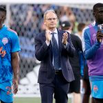 SEATTLE, WASHINGTON - MAY 30: Head coach Brian Schmetzer (C) of Seattle Sounders reacts after a 0-0 draw against the Austin FC at Lumen Field on May 30, 2021 in Seattle, Washington. (Photo by Steph Chambers/Getty Images)