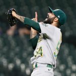 SEATTLE, WASHINGTON - JUNE 01: Sergio Romo #54 of the Oakland Athletics reacts after the final out to beat the Seattle Mariners 12-6 at T-Mobile Park on June 01, 2021 in Seattle, Washington. (Photo by Steph Chambers/Getty Images)