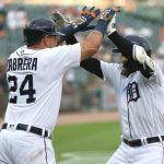 DETROIT, MICHIGAN - JUNE 08: Eric Haase #13 of the Detroit Tigers celebrates his first inning two run home run with Miguel Cabrera #24 while playing the Seattle Mariners at Comerica Park on June 08, 2021 in Detroit, Michigan. (Photo by Gregory Shamus/Getty Images)