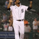 DETROIT, MICHIGAN - JUNE 08: Jose Cisnero #67 of the Detroit Tigers celebrates a 5-3 win over the Seattle Mariners at Comerica Park on June 08, 2021 in Detroit, Michigan. (Photo by Gregory Shamus/Getty Images)