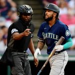 CLEVELAND, OHIO - JUNE 11: J.P. Crawford #3 of the Seattle Mariners reacts after striking out in the second inning during their game against the Cleveland Indians at Progressive Field on June 11, 2021 in Cleveland, Ohio. (Photo by Emilee Chinn/Getty Images)
