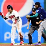 CLEVELAND, OHIO - JUNE 11: Jose Ramirez #11 of the Cleveland Indians reacts after hitting a double in the eighth inning during their game against the Seattle Mariners at Progressive Field on June 11, 2021 in Cleveland, Ohio. (Photo by Emilee Chinn/Getty Images)