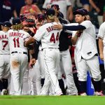 CLEVELAND, OHIO - JUNE 11: Members of the Cleveland Indians celebrate their 7-0 win over the Seattle Mariners during their game at Progressive Field on June 11, 2021 in Cleveland, Ohio. (Photo by Emilee Chinn/Getty Images)