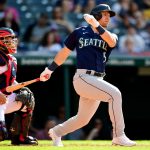 CLEVELAND, OHIO - JUNE 12: Jake Bauers #5 of the Seattle Mariners hits a single in the third inning during their game against the Cleveland Indians at Progressive Field on June 12, 2021 in Cleveland, Ohio. (Photo by Emilee Chinn/Getty Images)