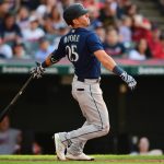 CLEVELAND, OHIO - JUNE 12: Dylan Moore #25 of the Seattle Mariners hits a solo home run in the seventh inning during their game against the Cleveland Indians at Progressive Field on June 12, 2021 in Cleveland, Ohio. (Photo by Emilee Chinn/Getty Images)