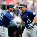 CLEVELAND, OHIO - JUNE 13: Kyle Seager #15 of the Seattle Mariners celebrates his solo home run with Ty France #23 in the third inning during their game against the Cleveland Indians at Progressive Field on June 13, 2021 in Cleveland, Ohio. (Photo by Emilee Chinn/Getty Images)