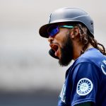CLEVELAND, OHIO - JUNE 13: J.P. Crawford #3 of the Seattle Mariners celebrates his single in the sixth inning during their game against the Cleveland Indians at Progressive Field on June 13, 2021 in Cleveland, Ohio. (Photo by Emilee Chinn/Getty Images)