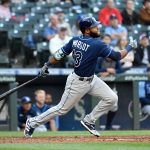 SEATTLE, WASHINGTON - JUNE 18: Manuel Margot #13 of the Tampa Bay Rays runs to first base during the game against the Seattle Mariners at T-Mobile Park on June 18, 2021 in Seattle, Washington. (Photo by Alika Jenner/Getty Images)