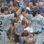 CHICAGO, ILLINOIS - JUNE 25: Luis Torrens #22 of the Seattle Mariners celebrates his two run home run in the 2nd inning against the Chicago White Sox with Tom Murphy #2 at Guaranteed Rate Field on June 25, 2021 in Chicago, Illinois. (Photo by Jonathan Daniel/Getty Images)
