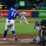 BUFFALO, NEW YORK - JUNE 29: Bo Bichette #11 of the Toronto Blue Jays hits a three-run home run during the sixth inning against the Seattle Mariners at Sahlen Field on June 29, 2021 in Buffalo, New York. (Photo by Joshua Bessex/Getty Images)
