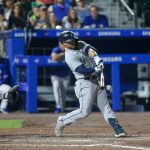 BUFFALO, NEW YORK - JUNE 29: Ty France #23 of the Seattle Mariners hits a double during the eighth inning against the Toronto Blue Jays at Sahlen Field on June 29, 2021 in Buffalo, New York. (Photo by Joshua Bessex/Getty Images)