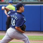 BUFFALO, NY - JULY 1: Starting pitcher Yusei Kikuchi #18 of the Seattle Mariners throws during the first inning against the Toronto Blue Jays at Sahlen Field on July 1, 2021 in Buffalo, New York. (Photo by Kevin Hoffman/Getty Images)