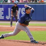BUFFALO, NY - JULY 1: Starting pitcher Yusei Kikuchi #18 of the Seattle Mariners throws during the second inning against the Toronto Blue Jays at Sahlen Field on July 1, 2021 in Buffalo, New York. (Photo by Kevin Hoffman/Getty Images)