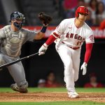 ANAHEIM, CA - JULY 16: Shohei Ohtani #17 of the Los Angeles Angels strikes out in the sixth inning of the game against the Seattle Mariners at Angel Stadium of Anaheim on July 16, 2021 in Anaheim, California. (Photo by Jayne Kamin-Oncea/Getty Images)