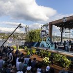 SEATTLE, WA - JULY 21:  Six new draft picks take the stage at the Seattle Kraken 2021 NHL expansion draft at Gas Works Park on July 21, 2021 in Seattle, Washington. Thousands of free tickets were available to fans to attend this live broadcast event on ESPN2 to watch the Kraken make 30 selections to build their first roster in franchise history. Boats were encouraged to sail-gate. (Photo by Karen Ducey/Getty Images)