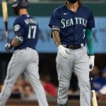 ARLINGTON, TX - JULY 30: Shortstop J.P. Crawford #3 of the Seattle Mariners walks away after striking out during the first inning of a baseball game against the Texas Rangers at Globe Life Field on July 30, 2021 in Arlington, Texas. (Photo by Andy Jacobsohn/Getty Images)