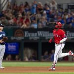 ARLINGTON, TX - JULY 30: Adolis Garcia #53 of the Texas Rangers runs the bases after hitting a home run during the sixth inning of a baseball game against the Seattle Mariners at Globe Life Field on July 30, 2021 in Arlington, Texas. (Photo by Andy Jacobsohn/Getty Images)