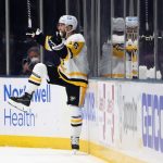 UNIONDALE, NEW YORK - MAY 20: Jason Zucker #16 of the Pittsburgh Penguins celebrates his second period goal against the New York Islanders in Game Three of the First Round of the 2021 Stanley Cup Playoffs at the Nassau Coliseum on May 20, 2021 in Uniondale, New York. (Photo by Bruce Bennett/Getty Images)