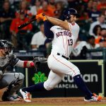 HOUSTON, TEXAS - JUNE 17: Abraham Toro #13 of the Houston Astros singles in a run in the fourth inning against the Chicago White Sox at Minute Maid Park on June 17, 2021 in Houston, Texas. (Photo by Bob Levey/Getty Images)