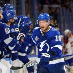 TAMPA, FLORIDA - JUNE 30: Ondrej Palat #18 of the Tampa Bay Lightning celebrates with teammates after scoring against Carey Price #31 of the Montreal Canadiens during the third period in Game Two of the 2021 NHL Stanley Cup Final at Amalie Arena on June 30, 2021 in Tampa, Florida. (Photo by Bruce Bennett/Getty Images)