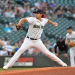 SEATTLE, WASHINGTON - JULY 03: Marco Gonzales #7 of the Seattle Mariners throws a pitch during the first inning of the game against the Texas Rangers at T-Mobile Park on July 03, 2021 in Seattle, Washington. (Photo by Alika Jenner/Getty Images)