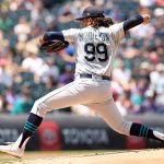 DENVER, COLORADO - JULY 21: Starting pitcher Keynan Middleton #99 of the Seattle Mariners throws against the Colorado Rocckies in the first inning at Coors Field on July 21, 2021 in Denver, Colorado. (Photo by Matthew Stockman/Getty Images)