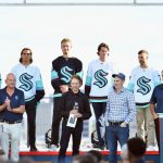 SEATTLE, WASHINGTON - JULY 21: (Back Row L-R) Mark Giordano, Brandon Tanev, Jamie Oleksiak, Haydn Fleury, Jordan Eberle and Chris Drieger are introduced as members of the Seattle Kraken during the 2021 NHL Expansion Draft at Gas Works Park on July 21, 2021 in Seattle, Washington. The Seattle Kraken is the National Hockey League's newest franchise and will begin play in October 2021. (Photo by Alika Jenner/Getty Images)