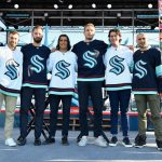 SEATTLE, WASHINGTON - JULY 21: The Seattle Kraken draft picks (L-R) Jordan Eberle, Chris Driedger, Brandon Tanev, Jamie Oleksiak, Haydn Fleury and Mark Giordano following the 2021 NHL Expansion Draft at Gas Works Park on July 21, 2021 in Seattle, Washington. The Seattle Kraken is the National Hockey League's newest franchise and will begin play in October 2021. (Photo by Alika Jenner/Getty Images)