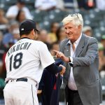 SEATTLE, WASHINGTON - JULY 22: CEO John Stanton of the Seattle Mariners presents Yusei Kikuchi #18 with his MLB 2021 All-Star jersey before the game against the Oakland Athletics at T-Mobile Park on July 22, 2021 in Seattle, Washington. (Photo by Alika Jenner/Getty Images)