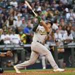 SEATTLE, WASHINGTON - JULY 23: Matt Olson #28 of the Oakland Athletics his a home run to right center field during the fourth inning of the game against the Seattle Mariners at T-Mobile Park on July 23, 2021 in Seattle, Washington. (Photo by Alika Jenner/Getty Images)