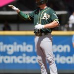 SEATTLE, WASHINGTON - JULY 25: Stephen Piscotty #25 of the Oakland Athletics gestures after hitting a double in the second inning of the game against the Seattle Mariners at T-Mobile Park on July 25, 2021 in Seattle, Washington. (Photo by Alika Jenner/Getty Images)