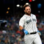 SEATTLE, WASHINGTON - JULY 26: Luis Torrens #22 of the Seattle Mariners reacts to a pop fly out in the fourth inning against the Houston Astros at T-Mobile Park on July 26, 2021 in Seattle, Washington. (Photo by Alika Jenner/Getty Images)