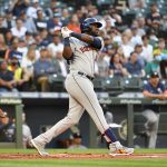 SEATTLE, WASHINGTON - JULY 27: Yordan Alvarez #44 of the Houston Astros hits a three run home run in the first inning of the game against the Seattle Mariners at T-Mobile Park on July 27, 2021 in Seattle, Washington. (Photo by Alika Jenner/Getty Images)