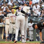 SEATTLE, WASHINGTON - JULY 27: Yordan Alvarez #44 of the Houston Astros celebrates with teammates after hitting a three run home run in the first inning of the game against the Seattle Mariners at T-Mobile Park on July 27, 2021 in Seattle, Washington. (Photo by Alika Jenner/Getty Images)
