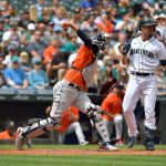 SEATTLE, WASHINGTON - JULY 28: Jason Castro #18 of the Houston Astros makes a throw to second base during the second inning of the game against the Seattle Mariners at T-Mobile Park on July 28, 2021 in Seattle, Washington. (Photo by Alika Jenner/Getty Images)