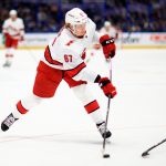 TAMPA, FLORIDA - JUNE 03: Morgan Geekie #67 of the Carolina Hurricanes shoots during Game Three of the Second Round of the 2021 Stanley Cup Playoffs against the Tampa Bay Lightning  at Amalie Arena on June 03, 2021 in Tampa, Florida. (Photo by Mike Ehrmann/Getty Images)