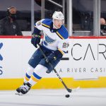 GLENDALE, ARIZONA - FEBRUARY 15: Vince Dunn #29 of the St. Louis Blues skates with the puck against the Arizona Coyotes during the second period of the NHL game at Gila River Arena on February 15, 2021 in Glendale, Arizona. (Photo by Christian Petersen/Getty Images)
