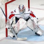 NEWARK, NEW JERSEY - APRIL 02: Vitek Vanecek #41 of the Washington Capitals tends net against the New Jersey Devils at Prudential Center on April 02, 2021 in Newark, New Jersey. (Photo by Bruce Bennett/Getty Images)