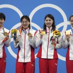
              China's women's 4x200-meter freestyle relay team, from left, Yang Junxuan, Tang Muhan, Zhang Yifan and Li Bingjie pose with their gold medals at the 2020 Summer Olympics, Thursday, July 29, 2021, in Tokyo, Japan. (AP Photo/Matthias Schrader)
            