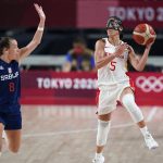 
              Spain's Cristina Ouvina (5) passes ahead of Serbia's Nevena Jovanovic (8) during a women's basketball preliminary round game at the 2020 Summer Olympics, Thursday, July 29, 2021, in Saitama, Japan. (AP Photo/Charlie Neibergall)
            
