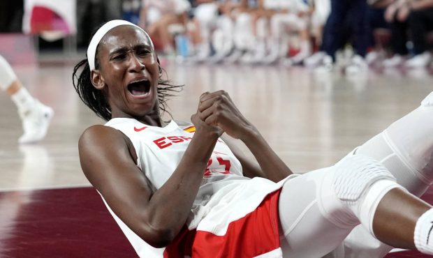 Spain's Astou Ndour (45) celebrates a play during a women's basketball game against Serbia at the 2...