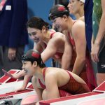 
              China's women's 4x200-meter freestyle relay team reacts at the 2020 Summer Olympics, Thursday, July 29, 2021, in Tokyo, Japan. (AP Photo/Charlie Riedel)
            
